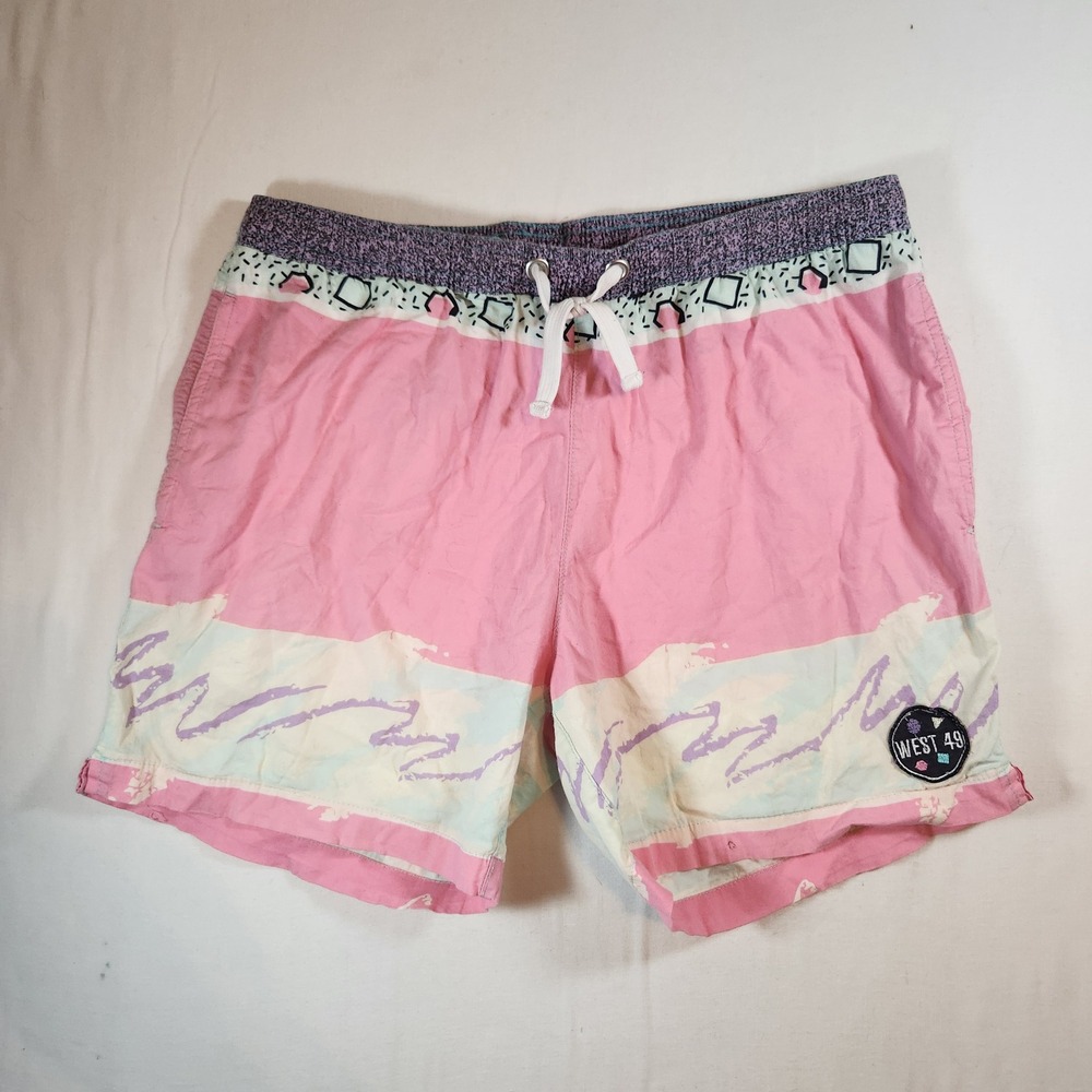 West 49 Mens Pink Geometric 80s Style Swim Trunks Board Shorts Medium